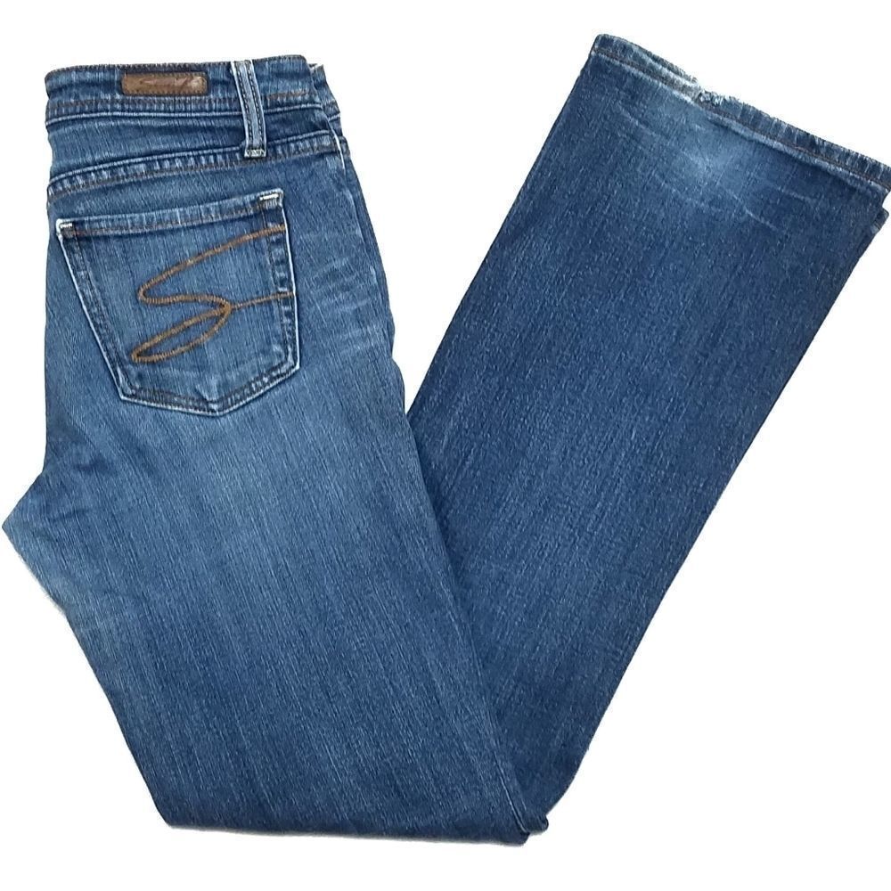 SEVEN 7 Low Rise Mid Wash Distressed Flare Jeans